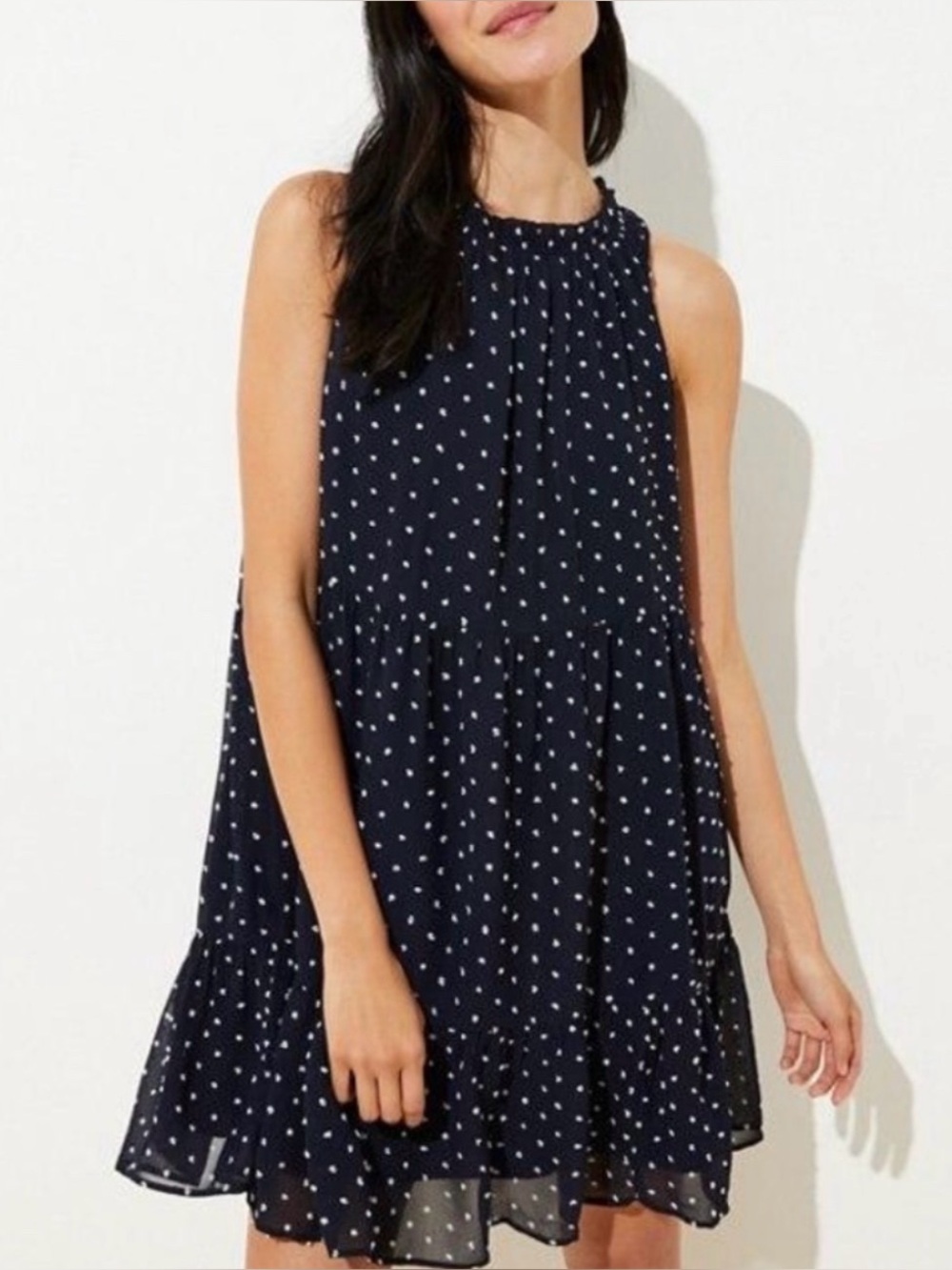 LOFT Petite Clip Dot Tiered Swing Dress Navy White Sleeveless LP